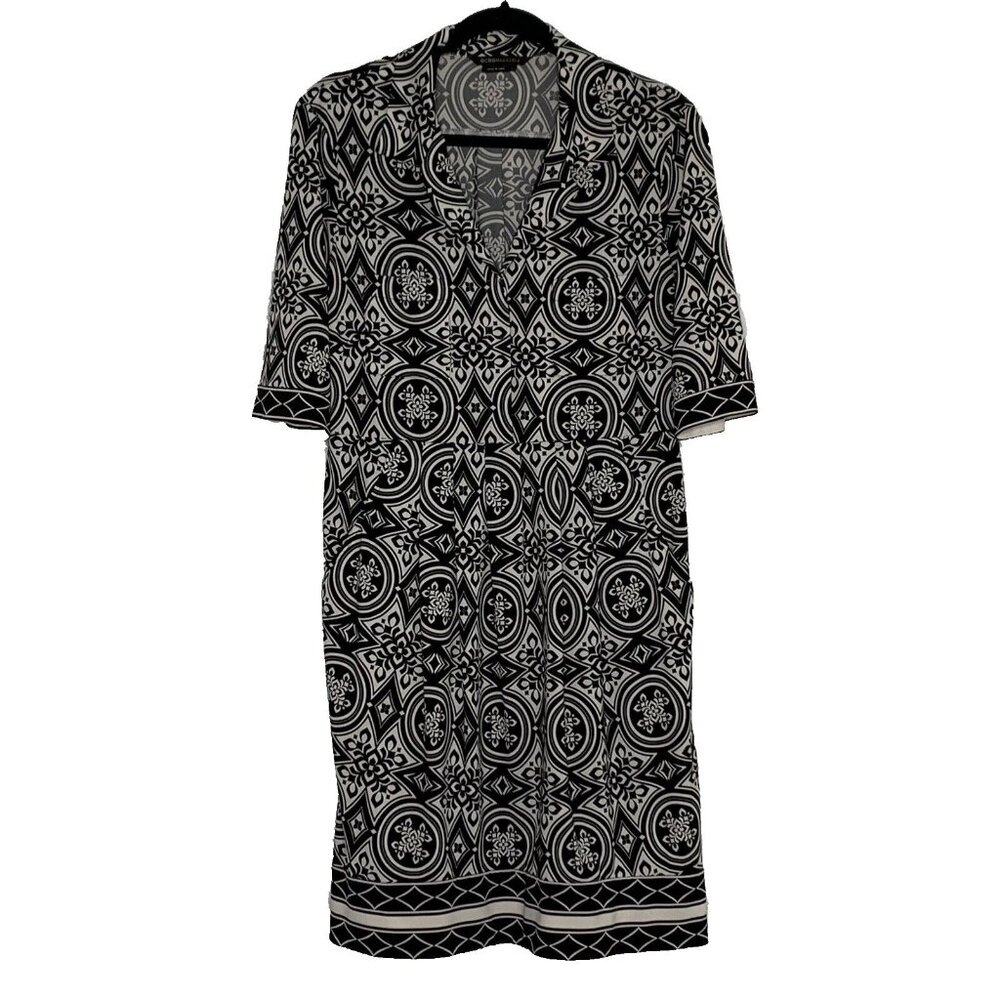 BCBGMaxAzria Women's Fit & Flare Mandala Stretch Dress Pockets Sz L Black White